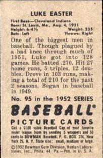 1952 Bowman #95 Luke Easter Back