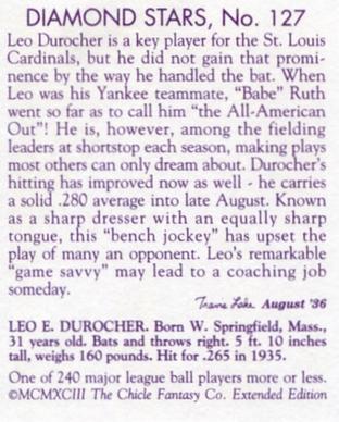 1993 Chicle Fantasy 1936 Diamond Stars Extended Edition #127 Leo Durocher Back