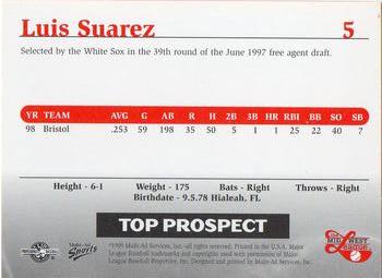 1999 Multi-Ad Midwest League Top Prospects #5 Luis Suarez Back