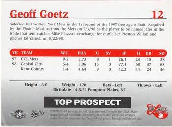 1999 Multi-Ad Midwest League Top Prospects #12 Geoff Goetz Back