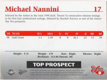 1999 Multi-Ad Midwest League Top Prospects #17 Michael Nannini Back