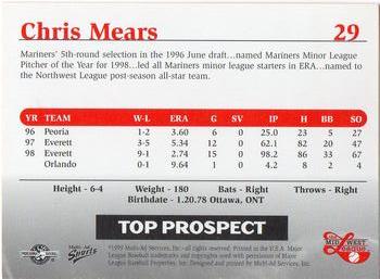 1999 Multi-Ad Midwest League Top Prospects #29 Chris Mears Back