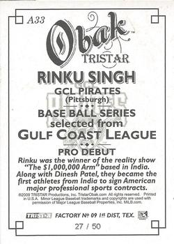 2009 TriStar Obak - Autographs Black #A33 Rinku Singh Back