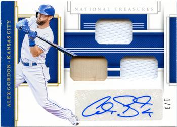 2020 Panini National Treasures - Game Gear Triple Materials Signatures Holo Gold #GGS-AG Alex Gordon Front