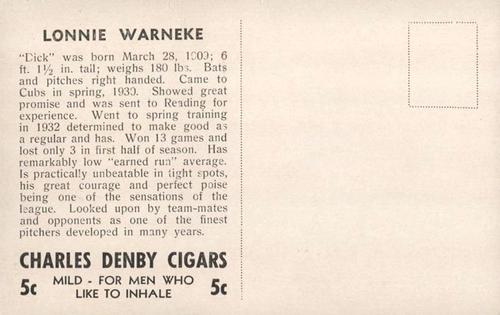 1932 Charles Denby Cigars #NNO Lon Warneke Back