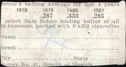 1922 Fans Cigarettes (T231) #NNO Sam Bohne Back