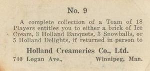 1925 Holland Creameries Washington Senators #9 Paul Zahniser Back