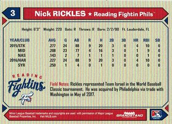 2017 Grandstand Reading Fightin Phils #NNO Nick Rickles Back