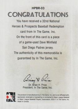 2011 In The Game Heroes & Prospects 32nd National #HPBR-03 Dave Winfield Back