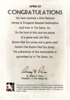 2011 In The Game Heroes & Prospects 32nd National #HPBR-39 Jim Rice / Carlton Fisk Back