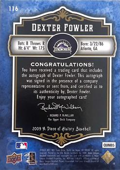 2009 Upper Deck A Piece of History - Rookie Autographs Blue #116 Dexter Fowler Back