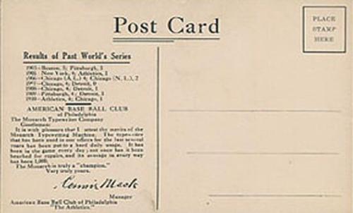 1910 Monarch Typewriter Philadelphia Athletics Postcards #NNO John Barry Back