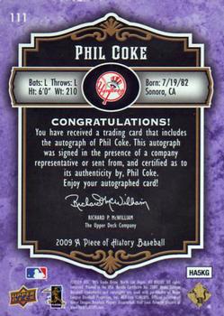 2009 Upper Deck A Piece of History - Rookie Autographs Violet #111 Phil Coke Back