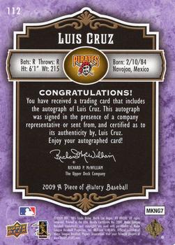 2009 Upper Deck A Piece of History - Rookie Autographs Violet #112 Luis Cruz Back
