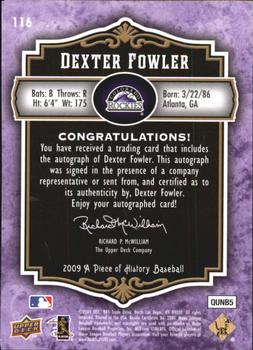 2009 Upper Deck A Piece of History - Rookie Autographs Violet #116 Dexter Fowler Back