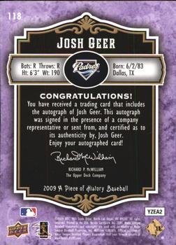 2009 Upper Deck A Piece of History - Rookie Autographs Violet #118 Josh Geer Back