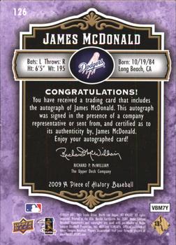 2009 Upper Deck A Piece of History - Rookie Autographs Violet #126 James McDonald Back