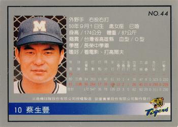 1993 Chu Tung Mercuries Tigers #44 Sheng-Feng Tsai Back