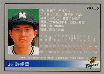 1993 Chu Tung Mercuries Tigers #56 Hsi-Hua Hsu Back