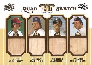 2009 Upper Deck Ballpark Collection - 500 HR Club Quad Swatch #500Q-JRSR Frank Robinson / Reggie Jackson / Manny Ramirez / Mike Schmidt Front