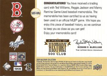 2009 Upper Deck Ballpark Collection - 500 HR Club Triple Swatch #500T-WRJ Manny Ramirez / Reggie Jackson / Ted Williams Back