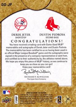 2009 Upper Deck Ballpark Collection - Dual Swatch Signatures #DD-JP Derek Jeter / Dustin Pedroia Back