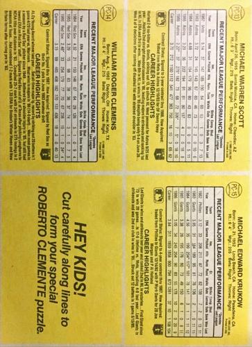 1987 Donruss All-Stars - Cello Box Bottom Panel #PC-13-PC-15/NNO Mike Scott / Roger Clemens / Mike Krukow / Roberto Clemente Back