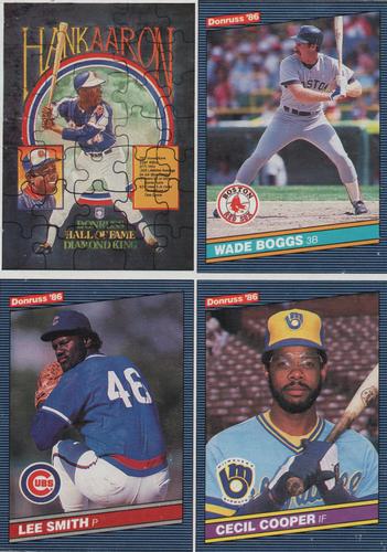 1986 Donruss All-Stars - Cello Box Bottom Panel #PC7-PC9/NNO Wade Boggs / Lee Smith / Cecil Cooper / Hank Aaron Front