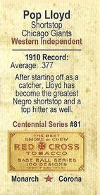 2011 Monarch Corona 1911 Centennial Reprint Series #81 Pop Lloyd Back