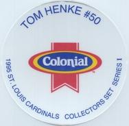 1995 Colonial St. Louis Cardinals Collectors Set Milk Caps #NNO Tom Henke Back