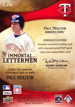 2009 Upper Deck Icons - Immortal Lettermen #IL-PM Paul Molitor Back
