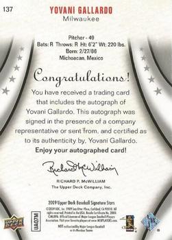 2009 Upper Deck Signature Stars #137 Yovani Gallardo Back