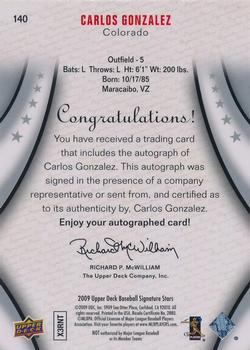 2009 Upper Deck Signature Stars #140 Carlos Gonzalez Back