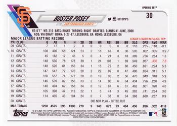 2021 Topps Opening Day #30 Buster Posey Back
