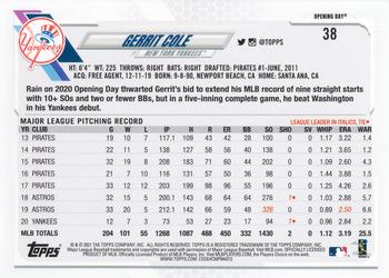 2021 Topps Opening Day #38 Gerrit Cole Back