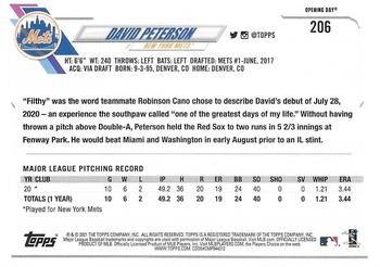 2021 Topps Opening Day #206 David Peterson Back