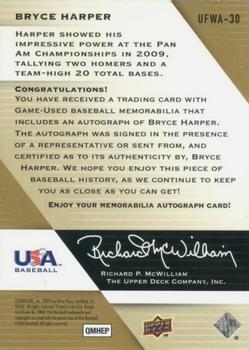 2009 Upper Deck Signature Stars - USA National Team Future Watch Jersey Autographs #UFWA-30 Bryce Harper Back