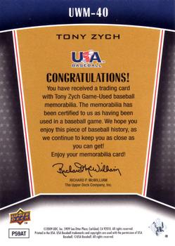 2009 Upper Deck Signature Stars - USA Winning Materials #UWM-40 Tony Zych Back