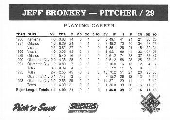 1994 Milwaukee Brewers Police - Stevens Point Police Department #NNO Jeff Bronkey Back