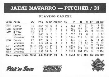 1994 Milwaukee Brewers Police - Stevens Point Police Department #NNO Jaime Navarro Back