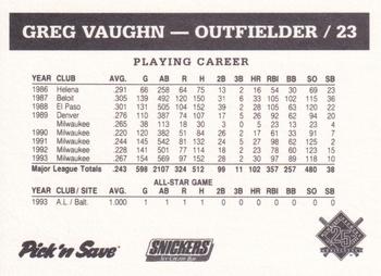 1994 Milwaukee Brewers Police - Waukesha Police Department #NNO Greg Vaughn Back