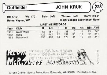 1984 Cramer - Las Vegas Stars Glossy #228 John Kruk Back