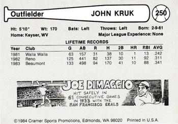 1984 Cramer - Las Vegas Stars Glossy #250 John Kruk Back