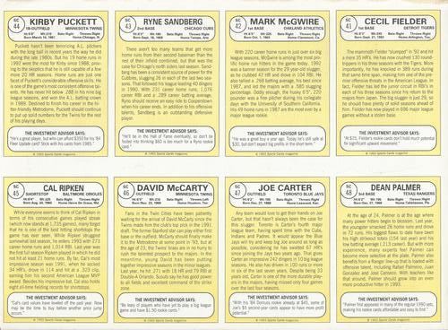 1993 Baseball Card Magazine / Sports Card Magazine - Panels #SC41-SC48 Cecil Fielder / Mark McGwire / Ryne Sandberg / Kirby Puckett / Cal Ripken / David McCarty / Joe Carter / Dean Palmer Back