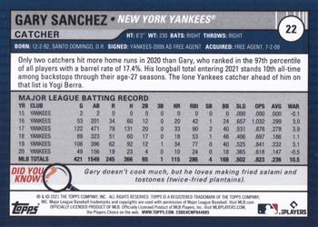 2021 Topps Big League #22 Gary Sanchez Back
