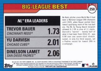 2021 Topps Big League #250 NL ERA Leaders (Trevor Bauer / Yu Darvish / Dinelson Lamet) Back