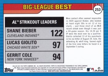 2021 Topps Big League #253 AL Strikeout Leaders (Shane Bieber / Lucas Giolito / Gerrit Cole) Back
