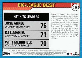 2021 Topps Big League #259 AL Hits Leaders (Jose Abreu / DJ LeMahieu / Whit Merrifield) Back
