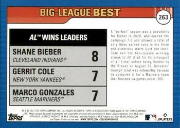 2021 Topps Big League #263 AL Wins Leaders (Shane Bieber / Gerrit Cole / Marco Gonzales) Back