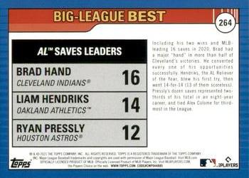 2021 Topps Big League #264 AL Saves Leaders (Brad Hand / Liam Hendriks / Ryan Pressly) Back